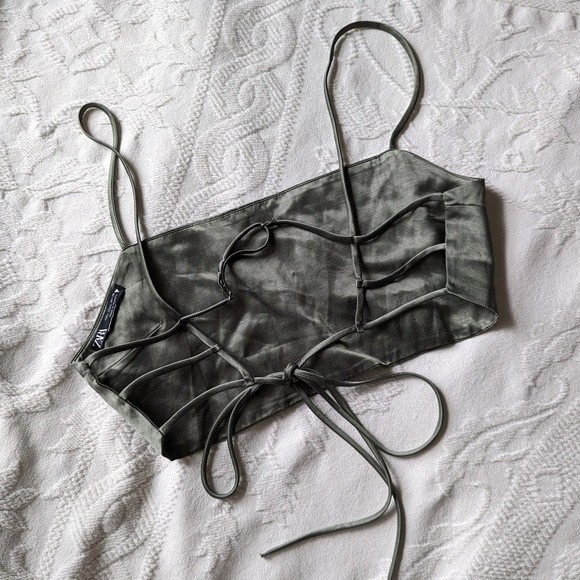 Zara Tops - Zara Satin Sage Green Strappy Back Crop Top Large